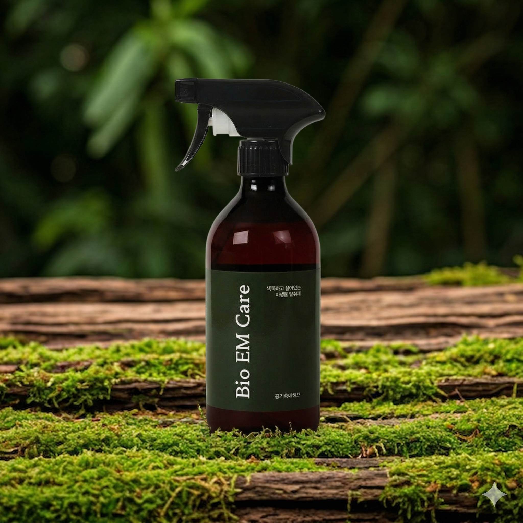 Bio EM Care premium spray bottle on organic mossy wood